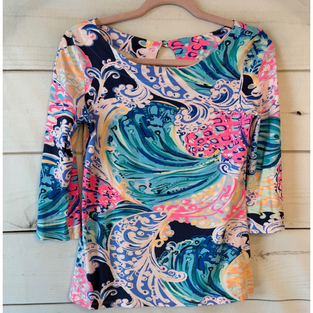Lilly Pulitzer Etta Top Wave After Wave Print Blue Pink XS 3/4 Slve Keyhole Back